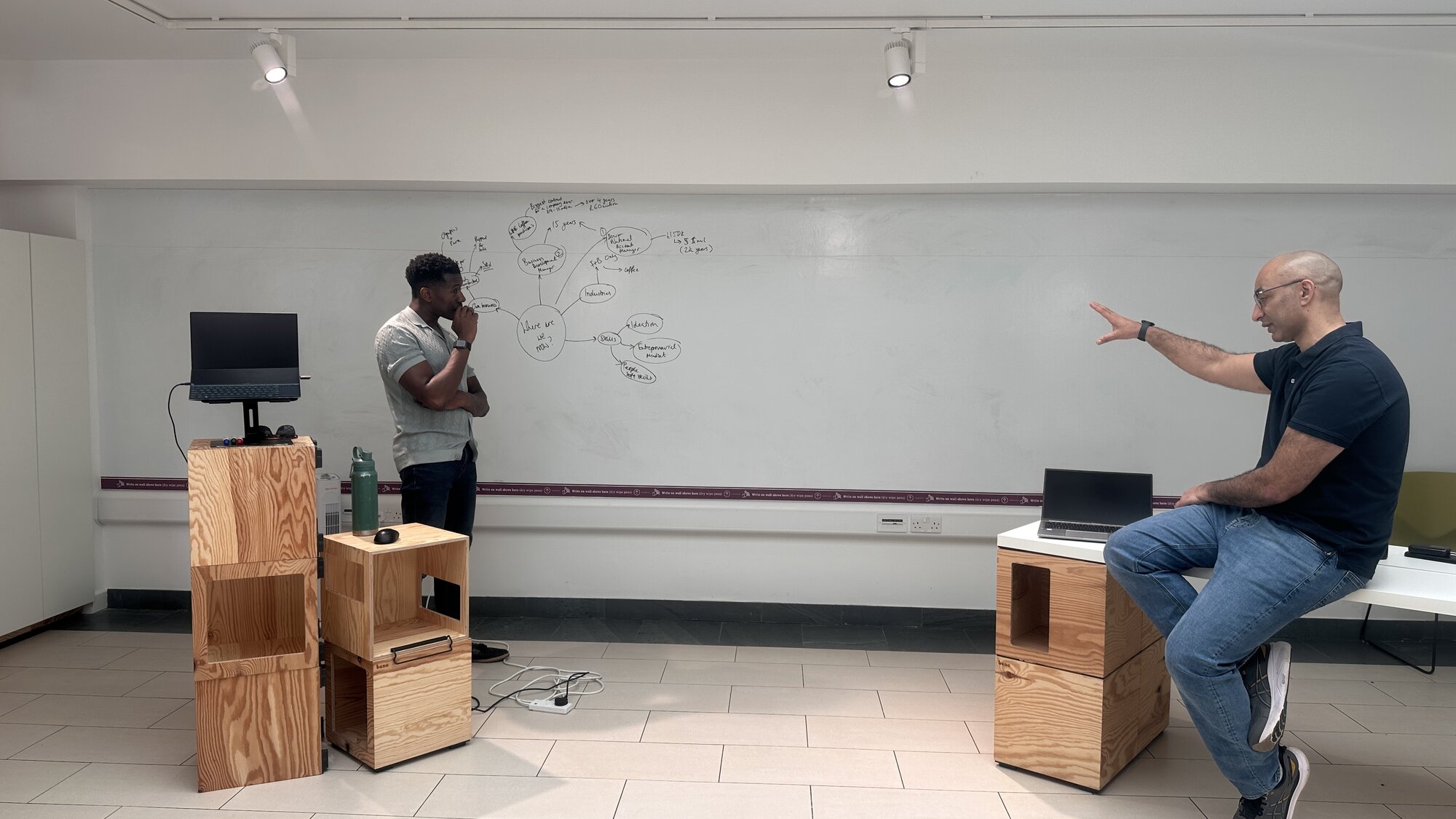 John seated with a laptop while a client reads the whiteboard